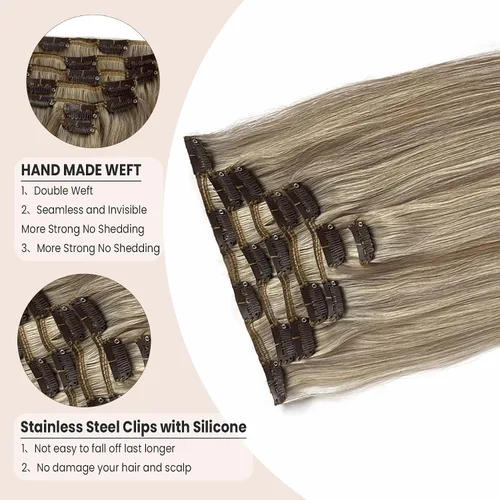 Miniatura 3 de Extensiones de cabello humano real con clip, de 12 pulgadas, para mujer, color rubio plateado, balayage, 2.47 oz, 7