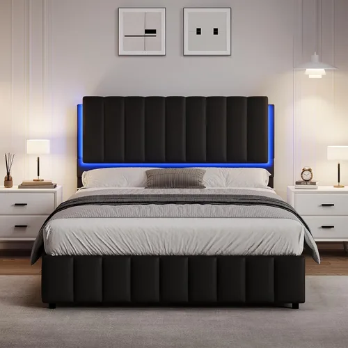 Miniatura 9 de REVOMINCA Base de cama tapizada individual con luces LED, plataforma de piel sintética con cabecera y soporte de listones de madera, no necesita