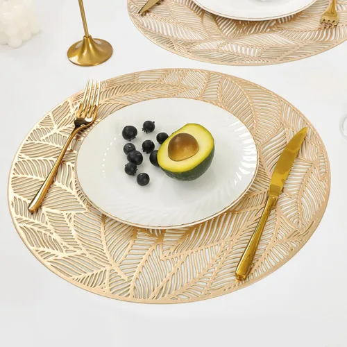 Miniatura 12 de U'Artlines Manteles individuales metálicos huecos de vinilo antideslizante con aislamiento térmico para mesa de cocina (21102 dorado, 6 unidades)