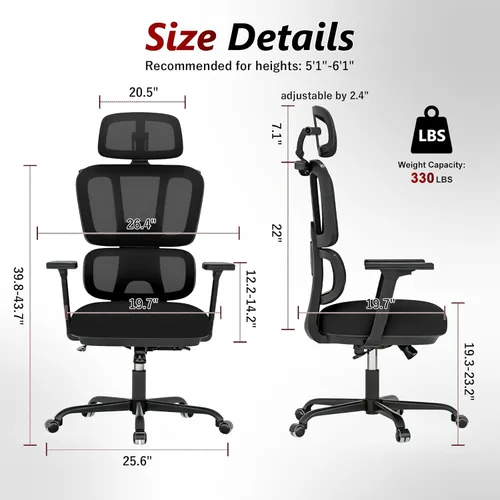 Miniatura 2 de Silla de oficina con respaldo alto, silla de escritorio de malla, silla ergonómica para computadora con reposacabezas, reposabrazos ajustables 3D
