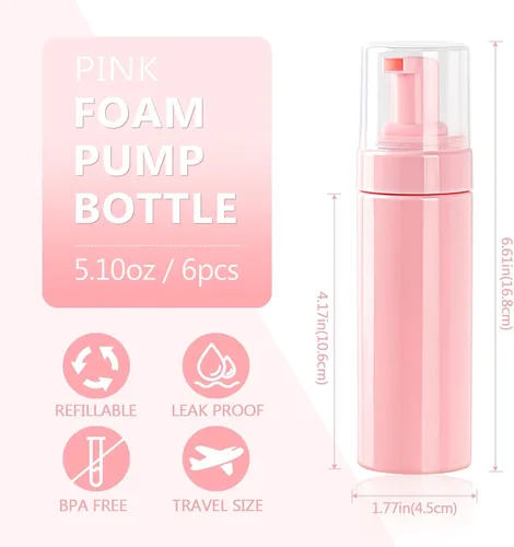 Miniatura 2 de Botella de espuma vacía rosa de 5.1 oz/5.1 fl oz, botella de espuma de viaje para jabón, champú, botella dispensadora de espuma de limpieza
