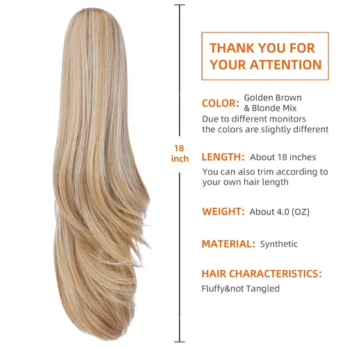 Miniatura 7 de Extensiones de cabello sintético con clip rubio, cola de caballo, 18 pulgadas, lacio, 4.2 onzas, postizos, para mujer, Yaki esponjoso, enredado