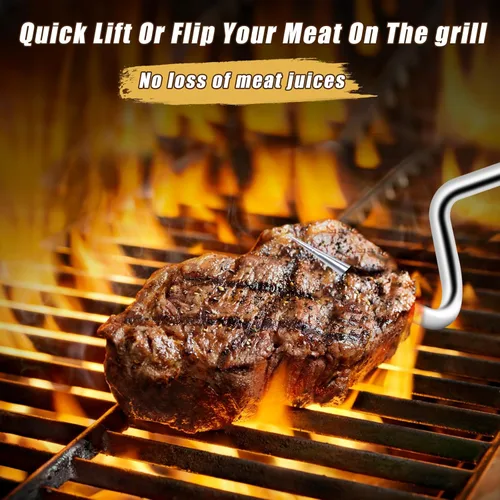Miniatura 3 de 2 ganchos giratorios de acero inoxidable para barbacoa y carne, accesorios para parrilla con mango de madera para asar y ahumar