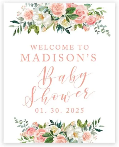 Andaz Press Letrero de bienvenida personalizado de lona grande para baby shower, flores rosas rubor, 16 x 20 pulgadas, alternativa al libro de