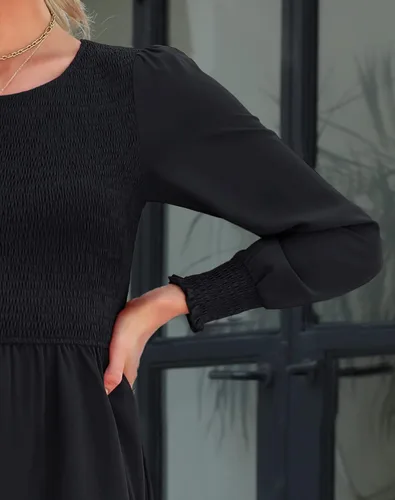 Miniatura 5 de Zattcas Vestido de otoño de manga larga para mujer 2023, corpiño fruncido y puños con lunares suizos, cuello redondo, escalonado, modesto, casual