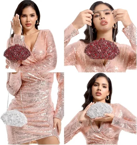 Miniatura 11 de Boutique De FGG Bolso de noche de flores de embrague de cristal de lujo para mujer, bolso de boda nupcial, bolso