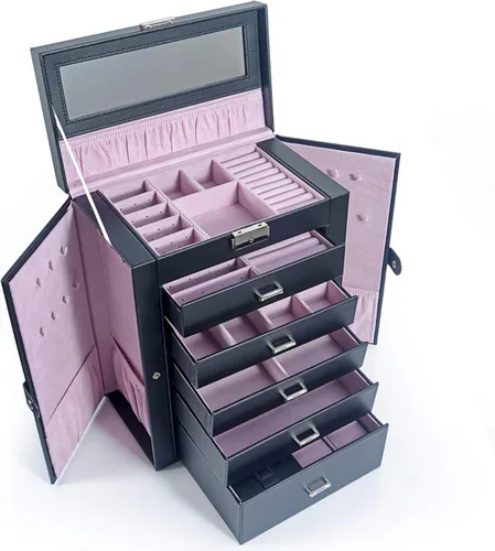 Kendal Cajas de joyería grandes para mujer 6 capas de cuero negro elegante para joyas caja organizadora de almacenamiento con cerradura para collar