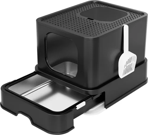 Miniatura 10 de RIZZARI Stainless Steel Cat Box: Black Large Capacity Enclosed Litter Pan with High Walls - Non-Stick Teflon Coating & Leak-Proof Drawer - Odor