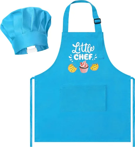 R HORSE Juego de 2 Piezas de Delantal para Niños y Gorro de Chef, Delantal de Cocina Azul Ajustable para Niños, Kits de Cocina, Horneado, Pintura y