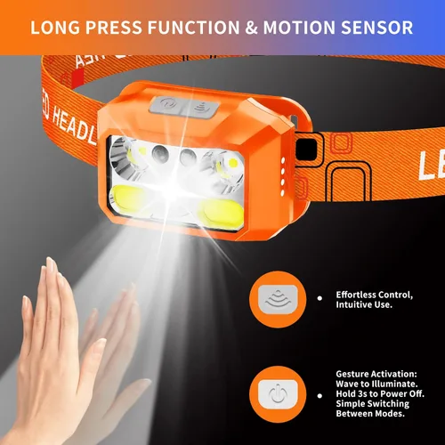 Miniatura 8 de Linterna frontal LED recargable, 800 lúmenes con luz roja y blanca, 8 modos, sensor de movimiento, carga USB-C, IPX4 impermeable (1, naranja)