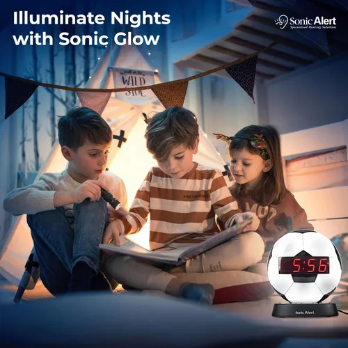 Miniatura 7 de Sonic Alert Reloj despertador con balón de fútbol con luz nocturna brillante, batería de reserva y atenuador de rango completo, reloj despertador