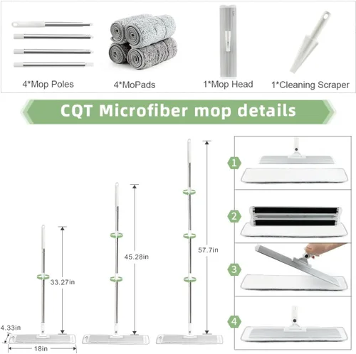 Miniatura 2 de CQT Sistema de limpieza de mopa de microfibra plana comercial de 18 pulgadas, madera dura en seco y polvo con 4 almohadillas lavables limpiador