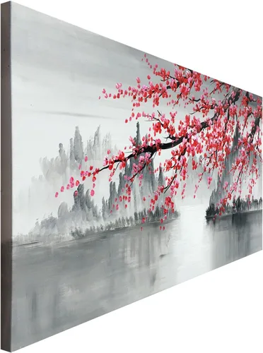 Miniatura 3 de Pintura al óleo china tradicional hecha a mano de flor de ciruelo rosa, arte de pared en lienzo, obra de arte de paisaje moderno en blanco y negro