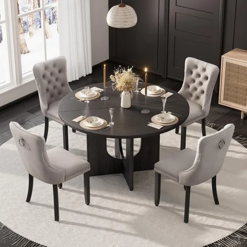 Miniatura 37 de Mesa de comedor redonda de 47 pulgadas para juego de mesa de cocina rústica de 6,7 piezas, mesa de comedor de granja, sillas negras de alta gama