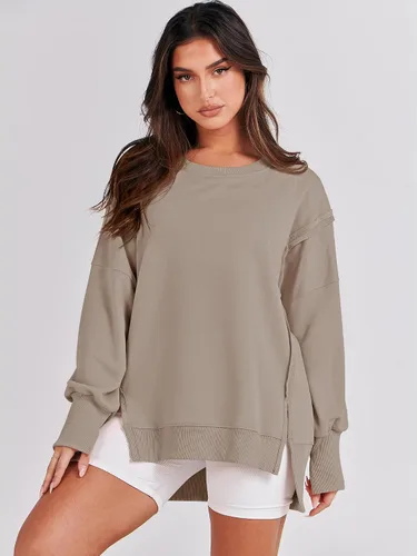 Miniatura 2 de ANRABESS Sudadera de gran tamaño para mujer, cuello redondo, manga larga, casual, con abertura, sin botones, ropa de otoño