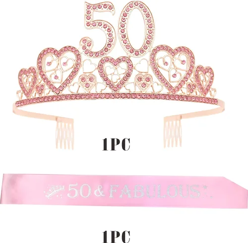Miniatura 6 de Banda y tiara de cumpleaños número 50 para mujer, fabulosa banda con purpurina + corazones de diamantes de imitación, tiara de metal rosa de alta