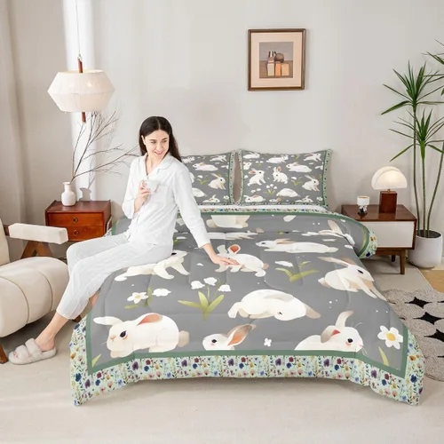Miniatura 5 de Feelyou Juego de ropa de cama de conejo para niños, tamaño individual, juego de edredón de conejo para niñas y mujeres, edredón de plumón verde