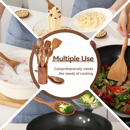 Miniatura 7 de 10 piezas de cucharas de madera para cocinar con reposa cucharas y soporte, juego de utensilios de cocina de madera de 12 pulgadas, utensilios