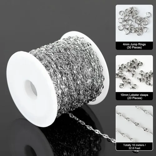 Miniatura 2 de UMAOKANG Cadena de eslabones de plata de 32.8 pies, cadena de acero inoxidable, cadena de rollo a granel con cierre de langosta y anillos de salto