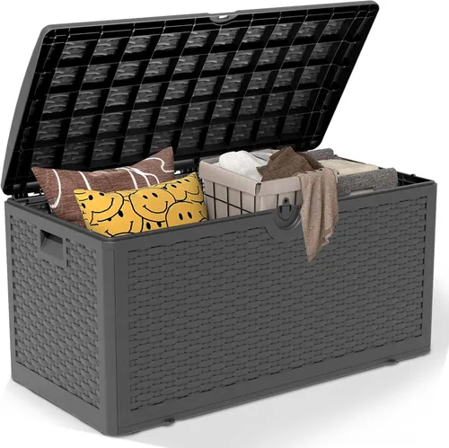 Miniatura 28 de Caja de almacenamiento para exteriores de 35 galones, caja de resina impermeable y con cierre para terraza, grande, contenedor de almacenamiento