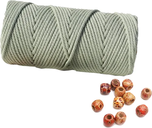 Cordón de macramé de 0.118 pulgadas, 109 yardas, color verde salvia, paquete de 1 cuerda de algodón natural para tejer macramé de color, 4 hebras de