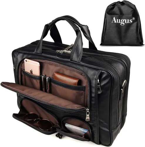 Miniatura 7 de Augus Maletín de viaje de negocios de cuero genuino bolsas de lona para hombres bolsa de portátil se adapta a 15.6 pulgadas portátil