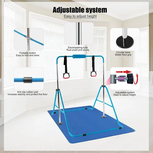 Miniatura 6 de YEEGO DIRECT Barra de gimnasia con anillos, barra de gimnasia plegable para niños de 3 a 12 años, expandible para entrenamiento en casa, regalos