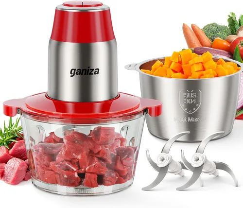 GANIZA Procesadores de alimentos, picadora eléctrica de alimentos con picadora de carne y picadora de verduras, 2 cuencos (8 tazas+8 tazas) con Rojo