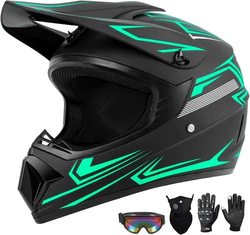 Miniatura 9 de Juego de 4 cascos de motocross para niños y jóvenes (guantes con gafas), casco de motocicleta de cara completa aprobado por DOT, ATV, BMX, bicicleta