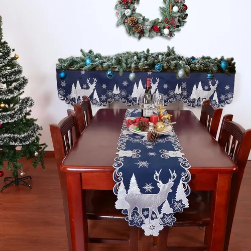 Miniatura 5 de Camino de mesa bordado azul marino para Navidad y reno (13 x 69 pulgadas)
