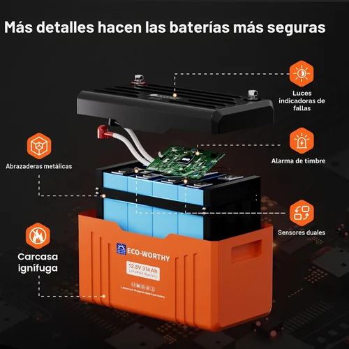 Miniatura 3 de ECO-WORTHY 12V 300Ah Batería de litio LiFePO4 Bluetooth con LEDs SOC, protección contra bajas temperaturas, 3840Wh, BMS de 200A hasta 15000 ciclos