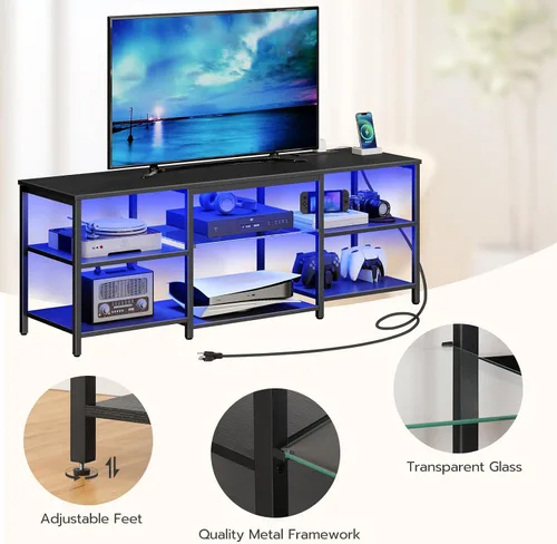 Miniatura 7 de HOOBRO Soporte de TV LED para televisores de 65 pulgadas con estación de carga, centro de entretenimiento para juegos con almacenamiento abierto