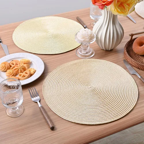 Miniatura 8 de Feuille Juego de 4 manteles individuales redondos trenzados para mesa de comedor, tejidos, lavables, antideslizantes, 13.5 pulgadas