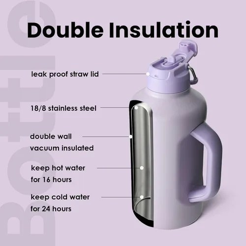 Miniatura 3 de BOTTLE BOTTLE Botella de agua aislada de 64 onzas con popote y tapa de doble uso, botella de agua de acero inoxidable con asa, jarra de acero Púrpura