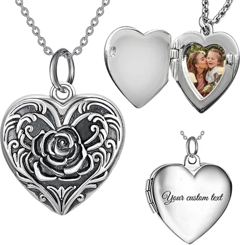 Collar de plata de ley 925 con foto a color + mensaje grabado con láser, personalizable, camafeo, rosa, flor, corazón, medallón, joyería, collar,