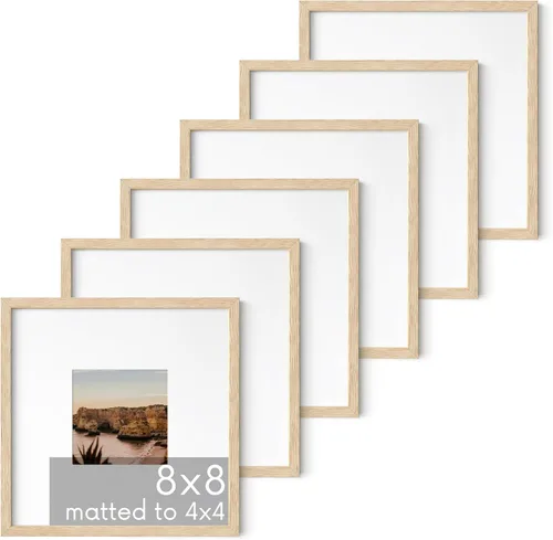 HAUS AND HUES Portarretratos de madera de roble beige de 8 x 8 pulgadas, juego de 6, marcos cuadrados con paspartú, marcos minimalistas para fotos