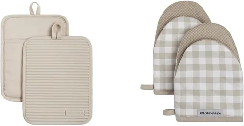 KitchenAid Juego de 2 soportes para ollas de silicona suave acanalada resistente al agua, batido (juego de 2 piezas, 7 x 9 pulgadas) y mini guantes