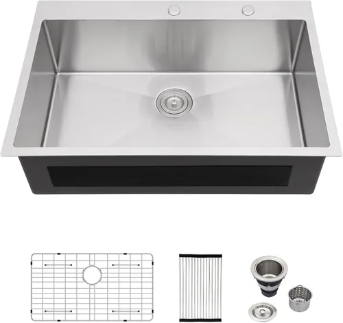 Miniatura 35 de Logmey Fregadero de cocina negro 33x22 empotrable, estación de trabajo de fregadero de cocina, SUS304 calibre 16 acero inoxidable, tazón individual