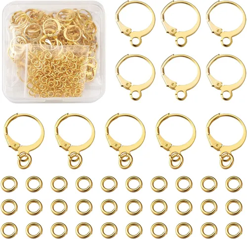 Miniatura 12 de 160 ganchos para aretes de palanca de 5 colores, latón con cierre de palanca, aretes de aro franceses con 300 anillos de salto para bricolaje