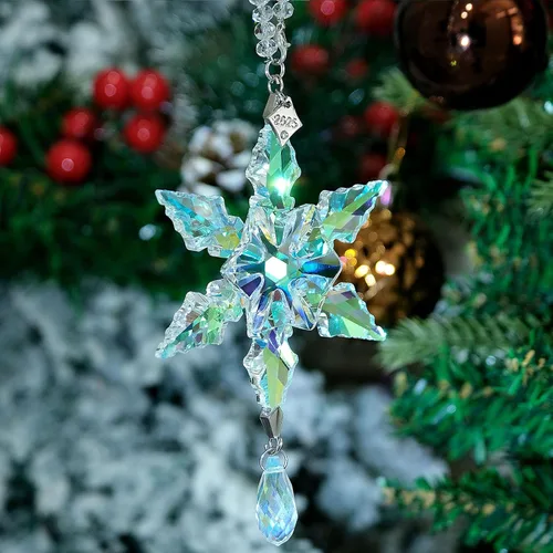 Miniatura 6 de Adornos de Navidad anuales 2025 con estrella de copo de nieve de cristal, adornos para árbol de Navidad, colgante, atrapasoles, decoración colgante