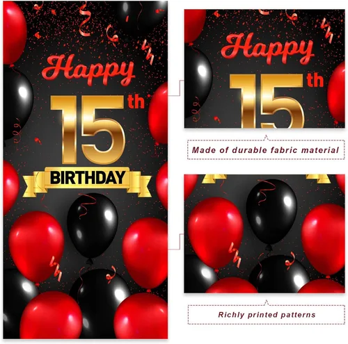 Miniatura 4 de Cartel de feliz cumpleaños 15 cumpleaños rojo y negro telón de fondo para cabina de fotos, globos de vítores a 15 años de edad, decoración temática