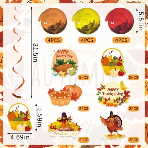 Miniatura 2 de 24 piezas de decoración de remolinos colgantes de otoño, decoración de techo colgante de Acción de Gracias, cesta colgante, pavo, calabaza, pastel