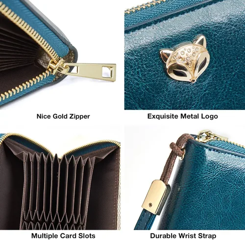 Miniatura 7 de FOXLOVER Carteras de cuero para mujer con bloqueo RFID pequeño y compacto tarjetero de crédito con bolsillo con cremallera Azul Classic