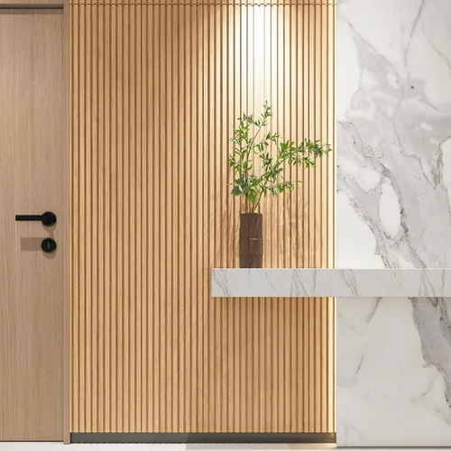 Miniatura 9 de Art3d Paneles de pared de madera de listones para decoración de interiores y techos, paquete de 4 piezas + 1 moldura final, tamaño 108 x 5.7 Roble