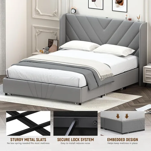 Miniatura 5 de LUCKLIFE Base de cama tapizada con puertos USB y tipo C, cabecera en forma de V, cajones laterales y almacenamiento de estribo de gran tamaño,