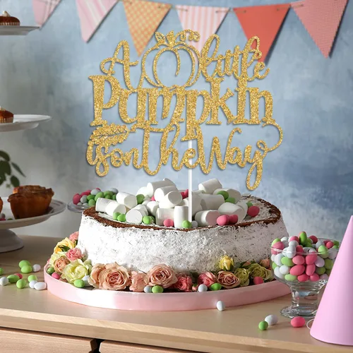 Miniatura 4 de Decoración para tartas con purpurina dorada "A Little Pumpkin is on the Way", dulce calabaza/calabaza Oh Baby/Little Pumpkin, decoración de fiesta