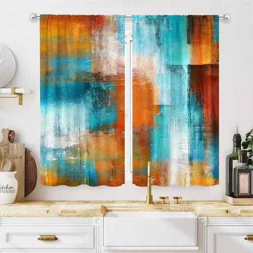Miniatura 23 de MESHELLY Cortinas Rojas Abstractas 42Wx63H Pulgadas Bolsillo para Varilla Bloques Rústicos Borgoña Marrón Pintura al Óleo Casa de Campo Dormitorio