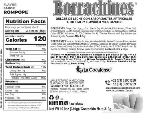 Miniatura 2 de Borrachines La Coculense Sabor Rompope 24pcs Caja 10.9oz sin alcohol Auténtico caramelo mexicano