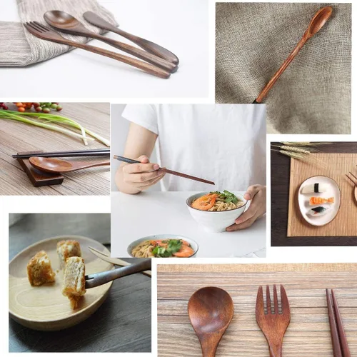 Miniatura 5 de Utensilios de madera reutilizables para comer, 8 piezas de cucharas de madera de viaje, tenedores, palillos, juego de cubiertos con estuche
