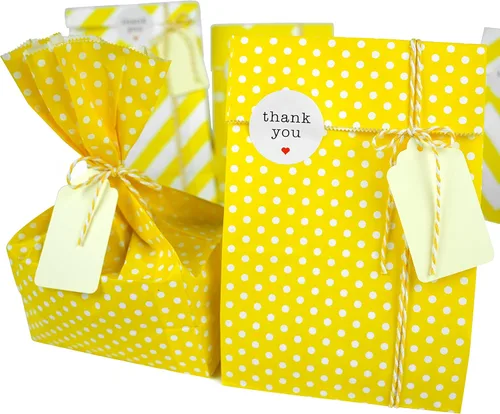Miniatura 5 de SMINTINE Paquete de 30 bolsas de papel amarillo con calcomanías de agradecimiento, etiquetas de papel, cuerda de algodón para panaderos, bolsas